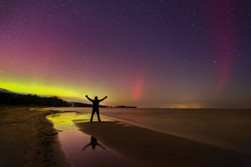 Man standing on the beach watching the Aurora Borealis in the sky