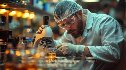 Scientist with beard examining sample in laboratory setting - obrazy, fototapety, plakaty