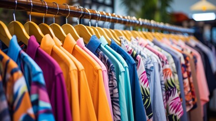 A neat row of colorful shirts hanging on a clothing rack in a fashion boutique  - obrazy, fototapety, plakaty