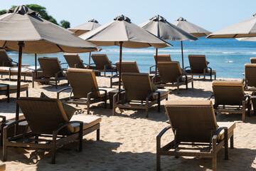 Fototapeta na wymiar Beach beds with umbrellas, on the ocean coastline, on the hotel grounds among greenery.