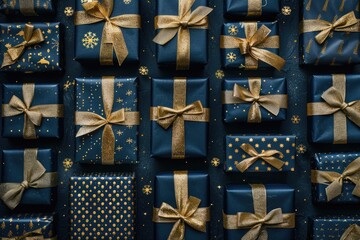 A bunch of beautifully wrapped presents with gold bows. Perfect for holiday and celebration concepts