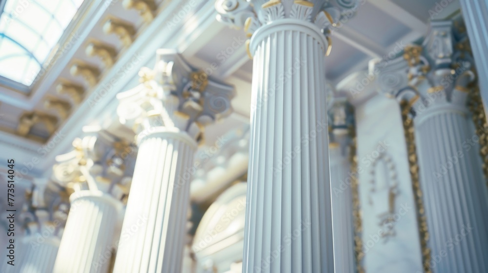 Fototapete Close up of a building with columns and a clock, suitable for architectural and time-related concepts