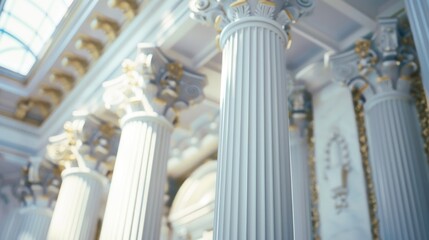 Close up of a building with columns and a clock, suitable for architectural and time-related concepts