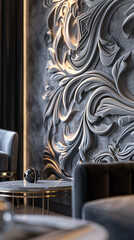 A close-up shot highlighting the intricate details of a 3D abstract wall, juxtaposed with modern furniture in a luxurious scene. Rendered beautifully in