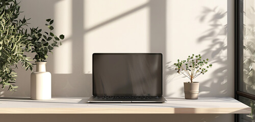 A contemporary laptop on a table mockup, providing a clean and minimalistic background for your digital projects or online portfolio.
