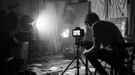 Fototapeta premium On Set Photography, Operator Using Professional Camera for Shooting