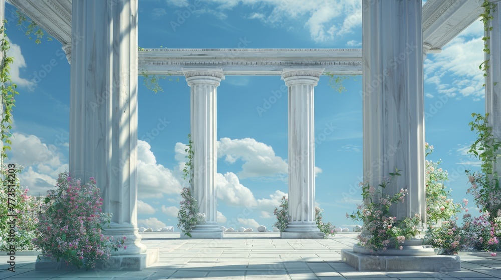 Poster A white building with columns and flowers in the foreground. Suitable for architectural and garden design concepts