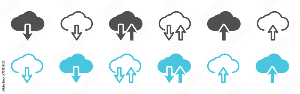 Poster set of icons clouds with arrow. cloud download and upload, cloud with arrow up and down, cloud servi