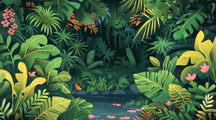 Vibrant Jungle Illustration with Diverse Flora and Fauna - obrazy, fototapety, plakaty