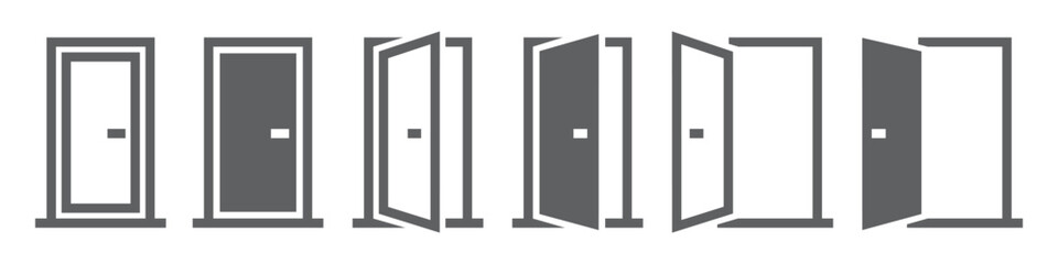 Set of doors icons. Opened and closed door silhouette. Interior or office doors. Vector.