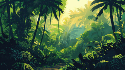Fototapeta na wymiar Vibrant Jungle Illustration with Diverse Flora and Fauna