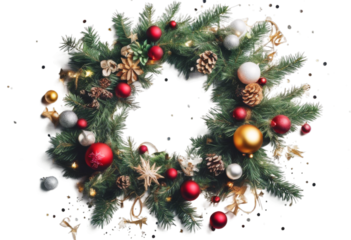 background. decorations copy wreath view white lay Christmas made tree Flat fir branches space confetti composition. top chaplet new year background 2019 up hi
