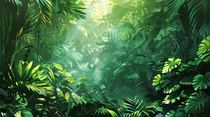 Vibrant Jungle Illustration with Diverse Flora and Fauna