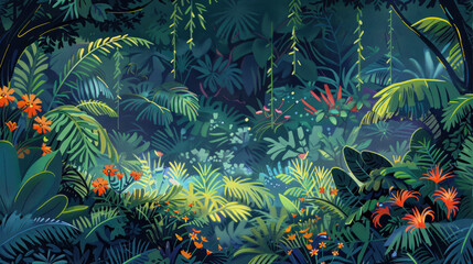 Obraz na płótnie Canvas Vibrant Jungle Illustration with Diverse Flora and Fauna