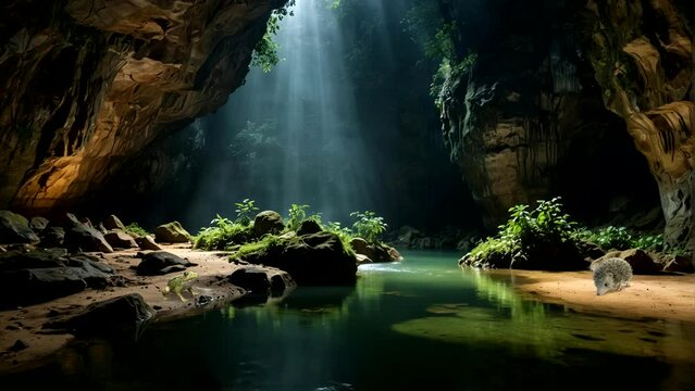 Beautiful natural scenery, small river in the cave, frogs and echidnas. Seamless looping 4k time-lapse animation video background
