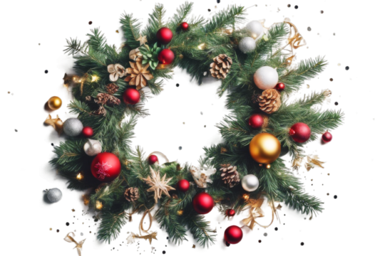 background. decorations copy wreath view white lay Christmas made tree Flat fir branches space confetti composition. top chaplet new year background 2019 up hi - Powered by Adobe