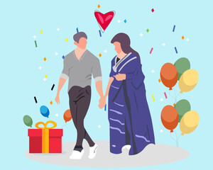 Love tenderness and romantic feelings concept. Sweet Couple Holding Hands Celebrating Valentine Vector Illustration.