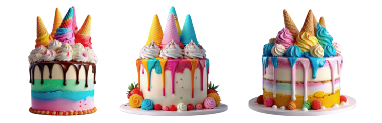 Ai generated three colorful ice-cream cakes with ice cream cones for topping 