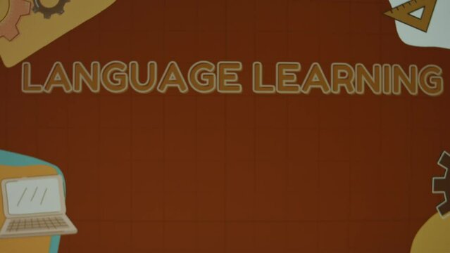 Language learning inscription on a brown chalkboard background with illustrations. Education concept. Blurred