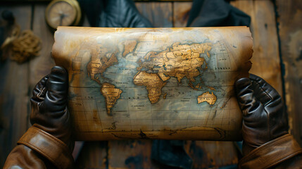 Fototapeta na wymiar Antique World Map in Gloved Hands, Vintage Travel and Exploration