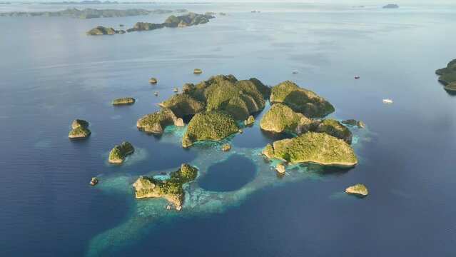 Rock islands, surrounded by coral reef, rise from Raja Ampat's tropical seascape. This region of Indonesia is known as the heart of the Coral Triangle due to the marine biodiversity found there.