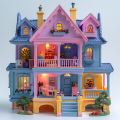 a multi-story dollhouse in pastel colors