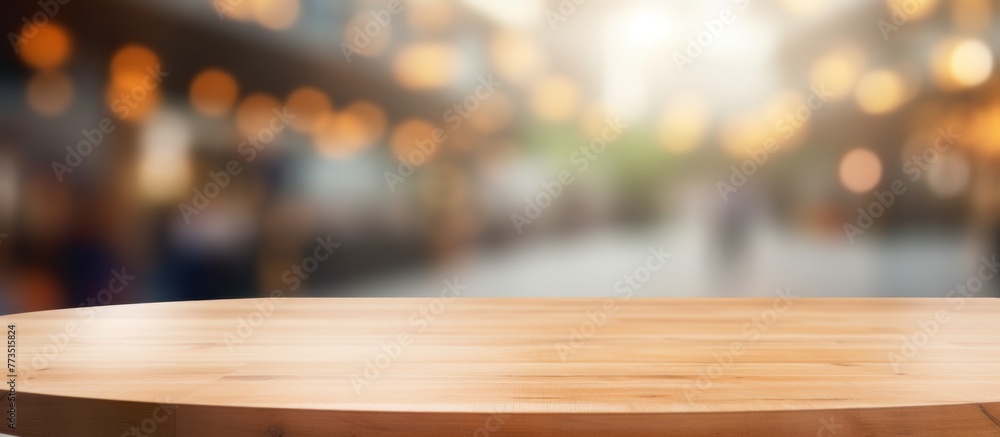 Poster wooden table surface with abstract blurred lights in the backdrop creating a warm and inviting atmos