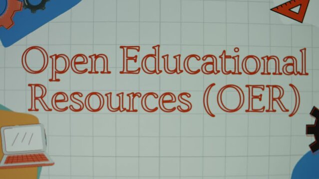 Open educational resources inscription on a eggshell color chalkboard with animated illustrations. Education concept. Blurred