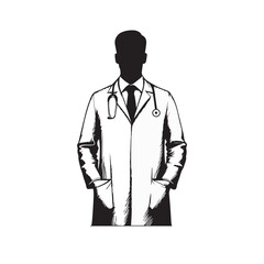 A black and white drawing of a male doctor vector illustration