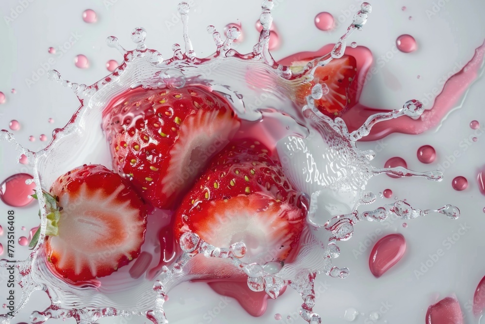 Poster ripe strawberries getting a refreshing splash. ideal for food and beverage concepts