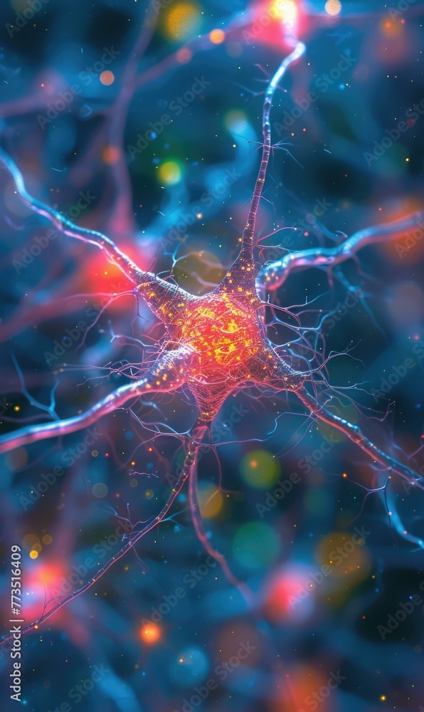 Poster a close up of a neuron with bright lights and reds. generative ai.