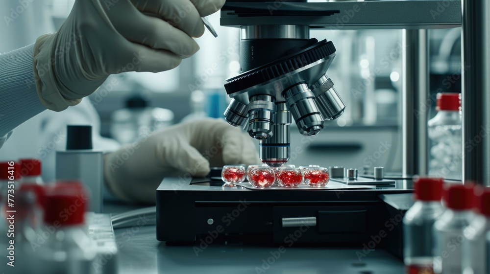Poster a person in lab coat looking at a microscope with red liquid. generative ai.