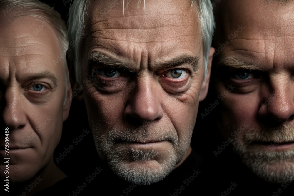 Poster three men with different expressions are shown in a black background. generative ai.