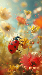 A cute little ladybug with polka dots flying among colorful blossoms in a sunny meadow.