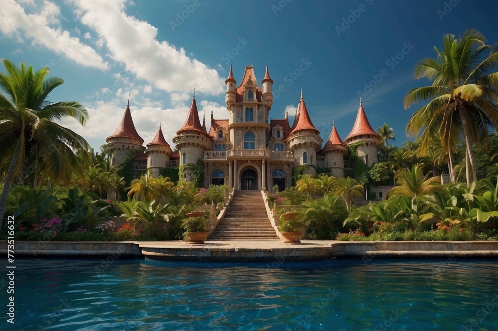 Poster a large castle with a pool and steps leading up to it. generative ai.