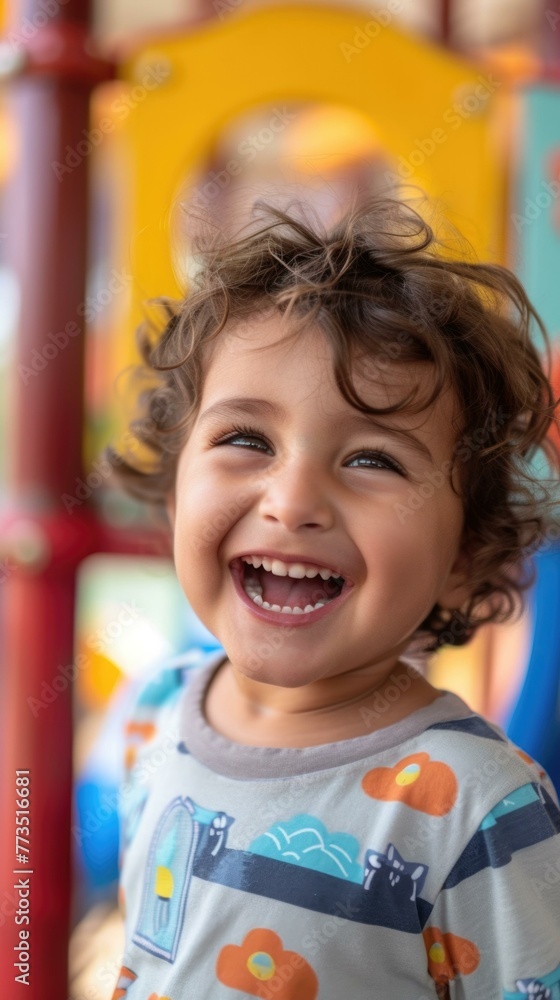 Aufkleber a young boy smiling while standing in front of a slide. generative ai.