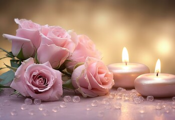 A close up of two pink roses and candles on a table. Generative AI.