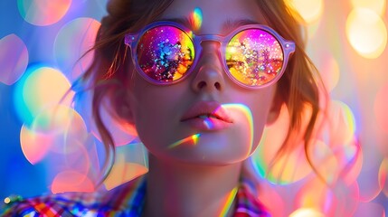 Obraz premium Portrait of a girl in rainbow sunglasses and a vibrant jacket, young woman standing against a colorful background