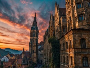 Fototapeta premium A city with tall buildings and a sunset in the background. Generative AI.