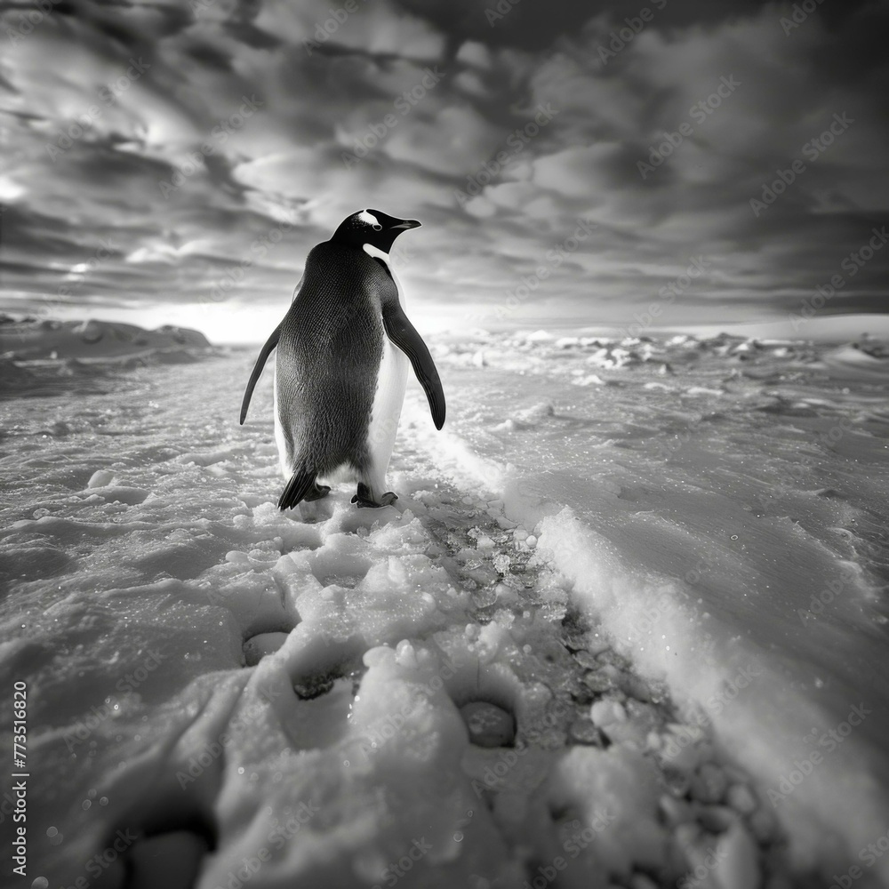 Poster a penguin walking on a snowy path in the middle of winter. generative ai.