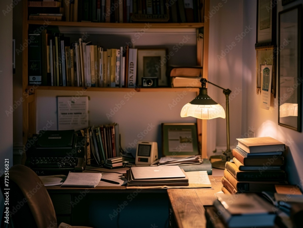 Poster a desk with a lamp and bookshelves in the corner. generative ai.