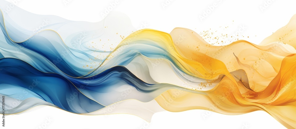 Poster vibrant abstract artwork depicting a flowing wave using a blend of yellow and blue hues, creating a 