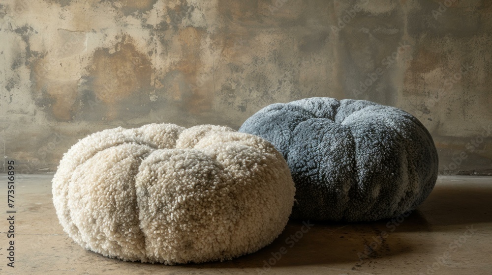 Poster two round poufs sitting on top of each other in a room. generative ai.