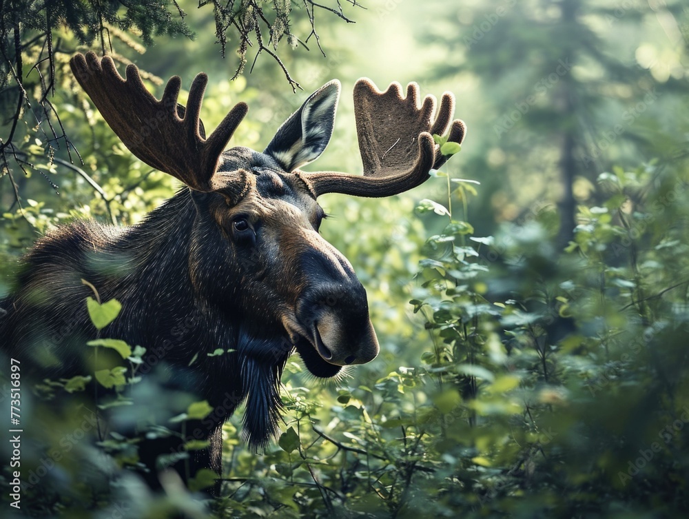 Poster a moose with large antlers standing in a forested area. generative ai.