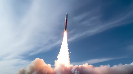Red and white rocket is seen soaring through the sky after being launched 
