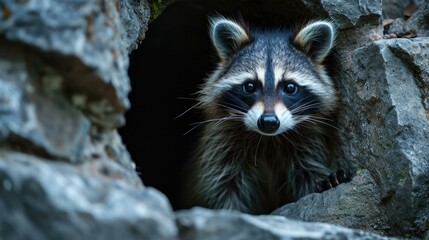 A raccoon peeks out of a hole in the ground. Generative AI.