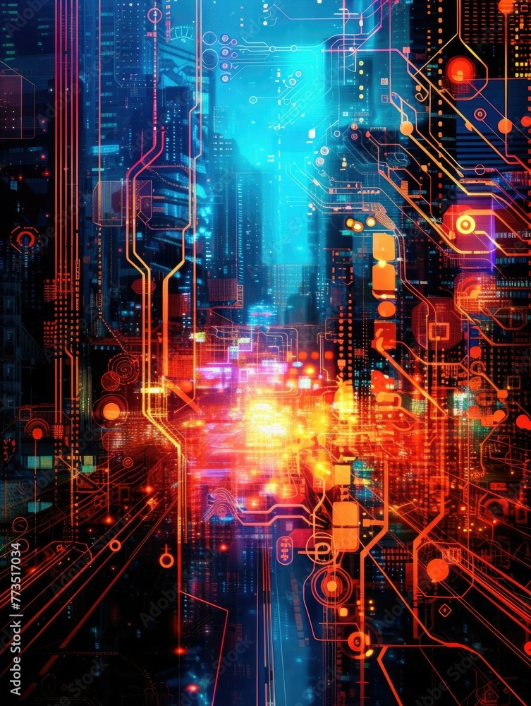 Poster a futuristic cityscape with glowing lights and a large building in the background. generative ai.