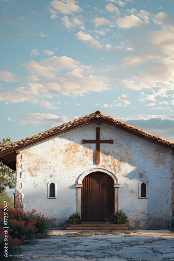 Poster A church with a prominent cross on the front. Suitable for religious or architectural concepts
