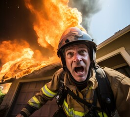 A man in a fireman's uniform with his mouth open. Generative AI.