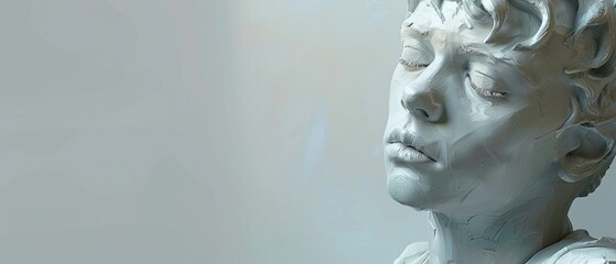 3D clay boy, introspective look, pastels, isolated on gentle grey, head bust sculpture, spacious banner area